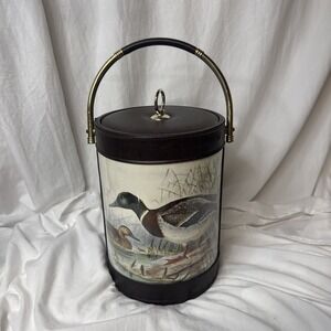 Vintage MCM Leather Duck Mallard Ice Bucket Bar Sigma Brass Handle Rustic Lake
